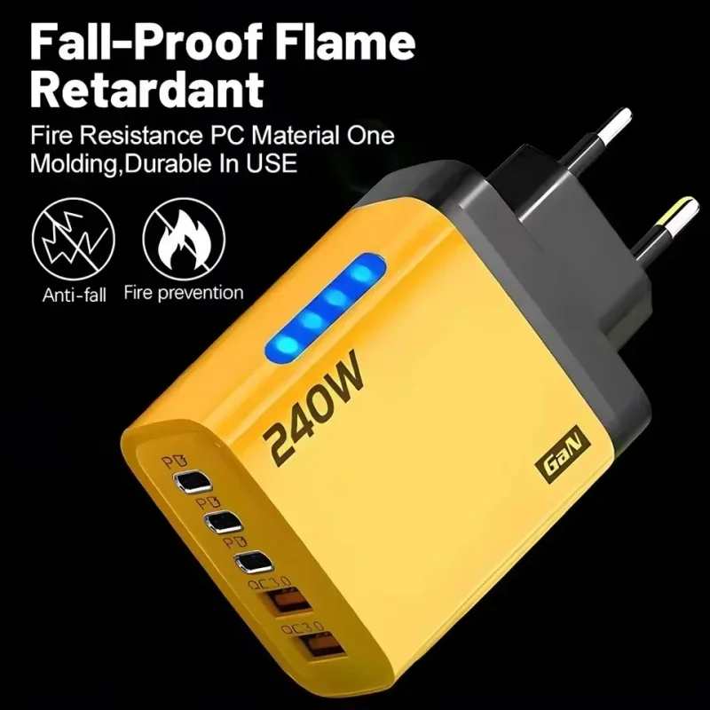 240w Gan Fast Charger With Led Light 5 In 1 2usb 3type-C Multi Port Phone Charger For Iphone15-17 Samsung Huawei Xiaomi