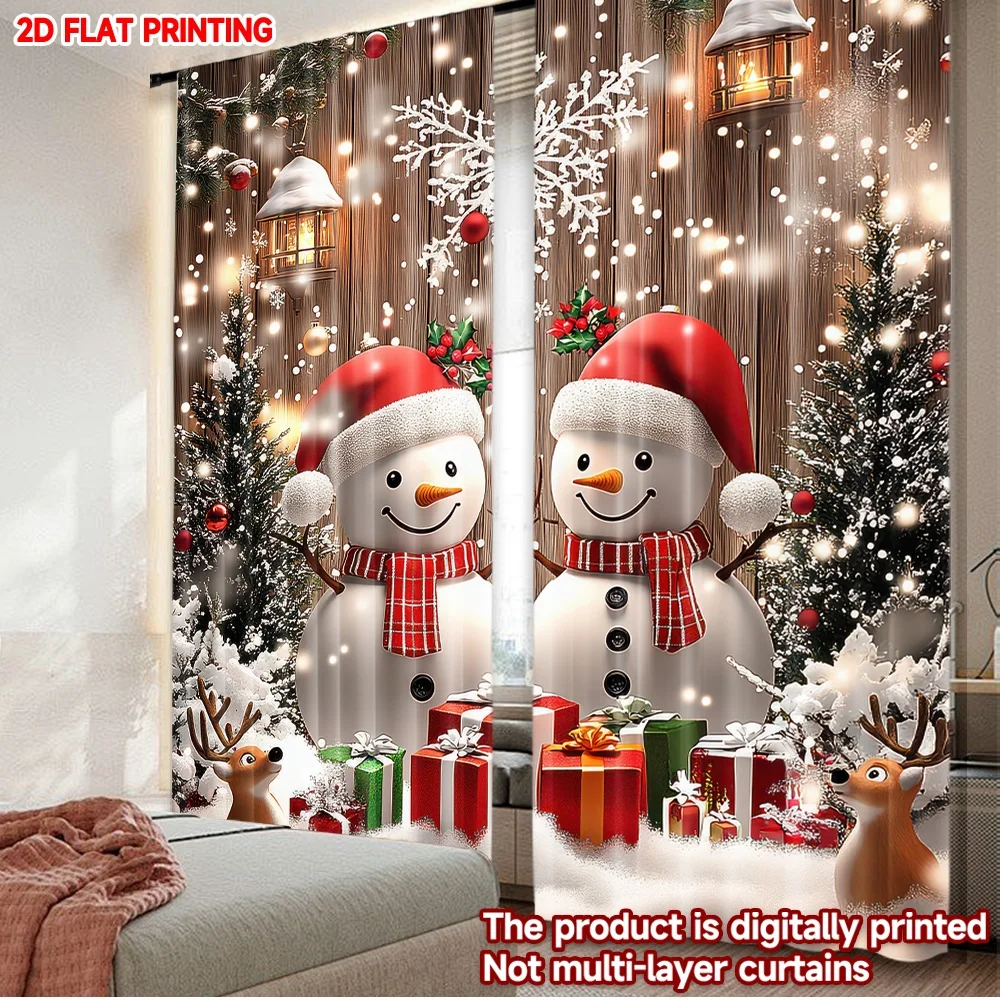 2D-Flachdruck, 2 Stück, Weihnachtsvorhänge, Weihnachtsschneemänner und Geschenke, kostengünstige und stilvolle Weihnachtsdekorationen aus 100 % Polyesterfaser