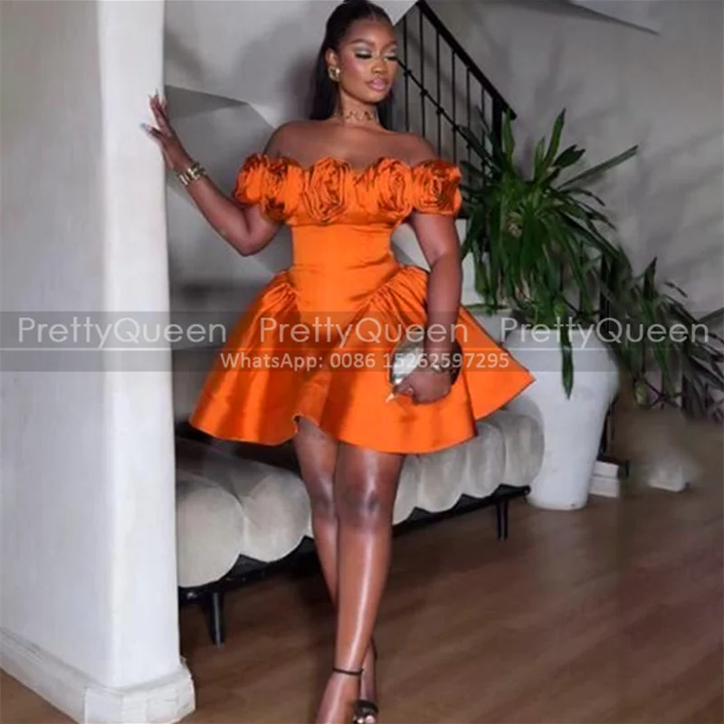 

Fulffy A Line Short Bridesmaid Dresses Handmade Flowers Off Shoulder Customized Orange Mini Wedding Party Dress