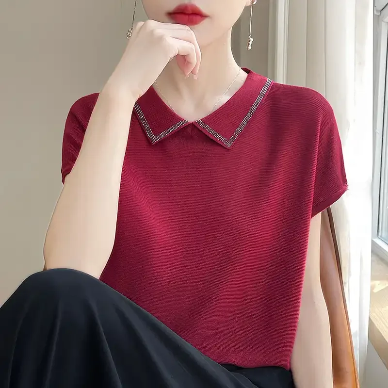 

Spring New All Match Thin Short Sleeved T-shirt for Women Women's New Base Shirt Loose and Elegant Turn Down Collar Top