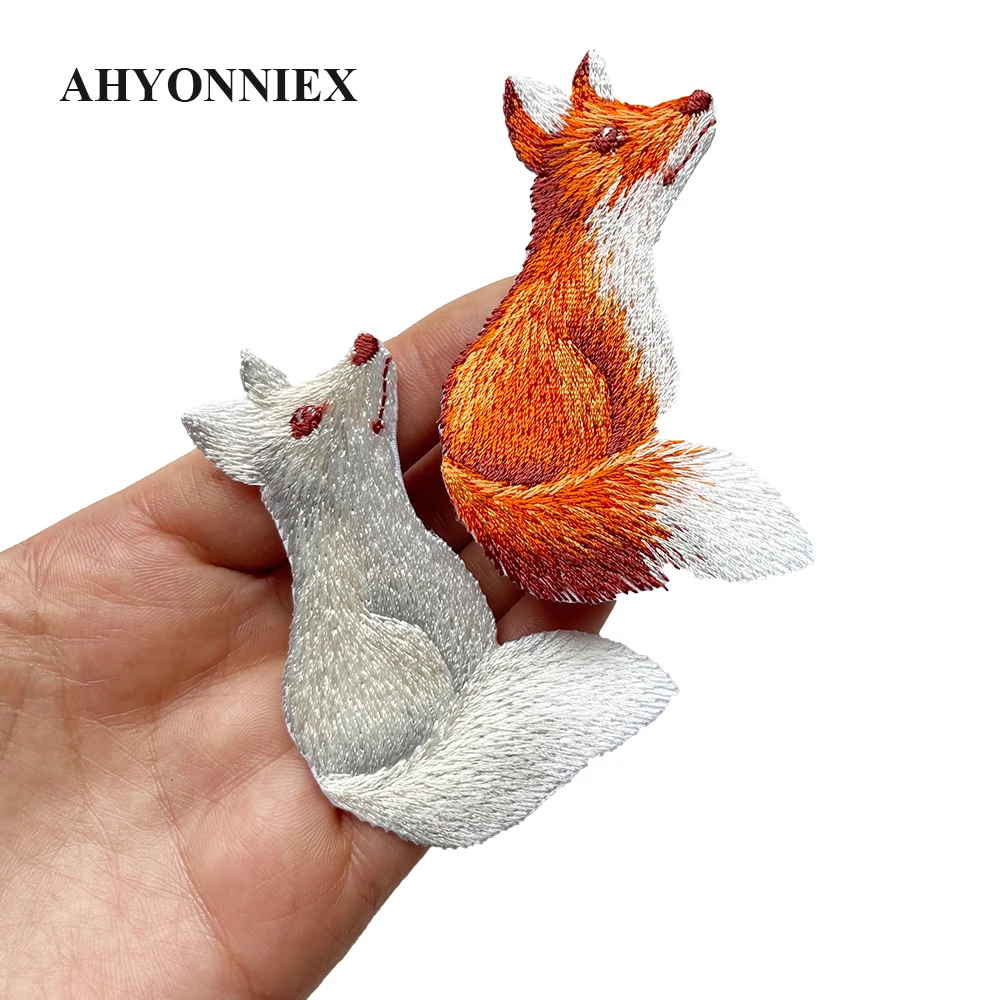 AHYONNIEX Pairs Iron On Embroidered Cute Fox Patches Clothes Bags DIY Applique Embroidery Parches Iron Patch for Clothes