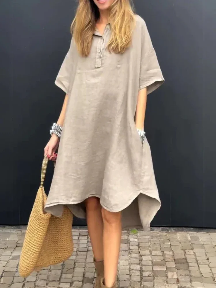 2024 ฤดูร้อนแฟชั่นผู้หญิงผ้าฝ้ายและกัญชาElegantความยาวกลางชุดพลิกคอครึ่งเปิดสบายๆหลวมชุดสตรี