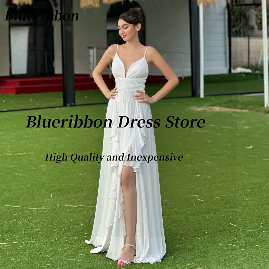 

Blueribbon Chiffon Prom Dresses Ruffles Side Slit Long Bridesmaid Dress for Wedding Party Spaghetti Sweetheart Evening Gowns