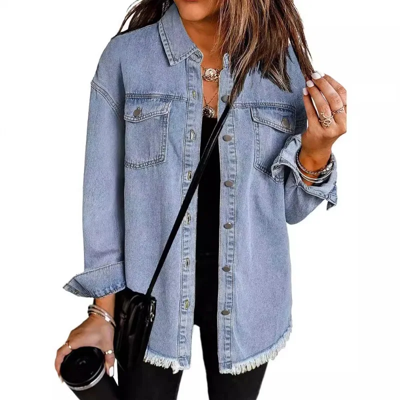 

Washed Denim Jacket Women Autumn Tassel Lapel Jeans Jacket Female Casual Loose Long Sleeve Single Breasted Outerwear Shirts Coat