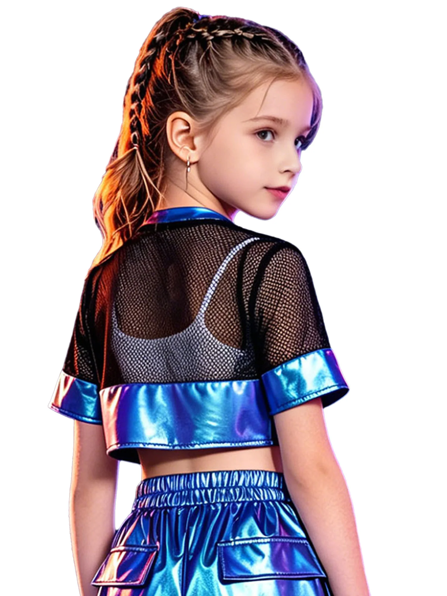 Kids Girls Hollow Out Mesh Metallic Crop Top Short Sleeve Number Graphic T-shirt Blouse for Jazz Hip Hop Street Dance Stage Wear