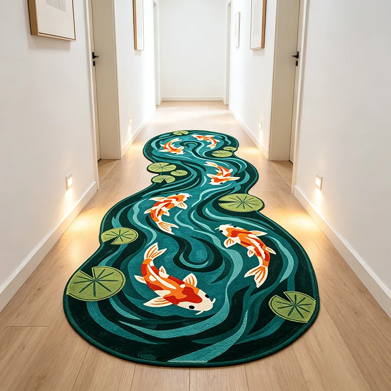 Kreativer Koi-Fisch & Lotus Unregelmäßig Geformter Teppich Retro-Kunst Plüsch-Bettvorleger Modischer Luxusteppich für Flur und Wohnzimmer – Detail 3