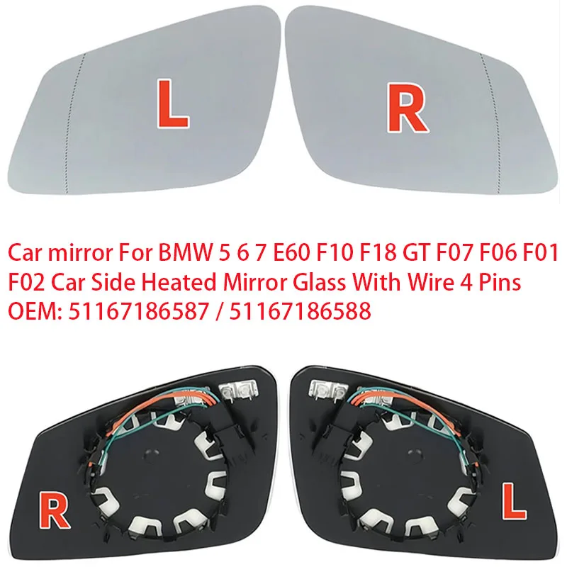 Image of Autospiegel für BMW 5 6 7 E60 F10 F18 GT F07 F06 F01 F02 Beheiztes Spiegelglas mit Kabel 4 Pins OEM: 51167186587 / 51167186588