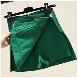 Fake Two Piece Zipper Patchwork Shorts Skirts Spring Summer Elastic Waist Street Casual Shorts Fashion Vintage Women Clothing