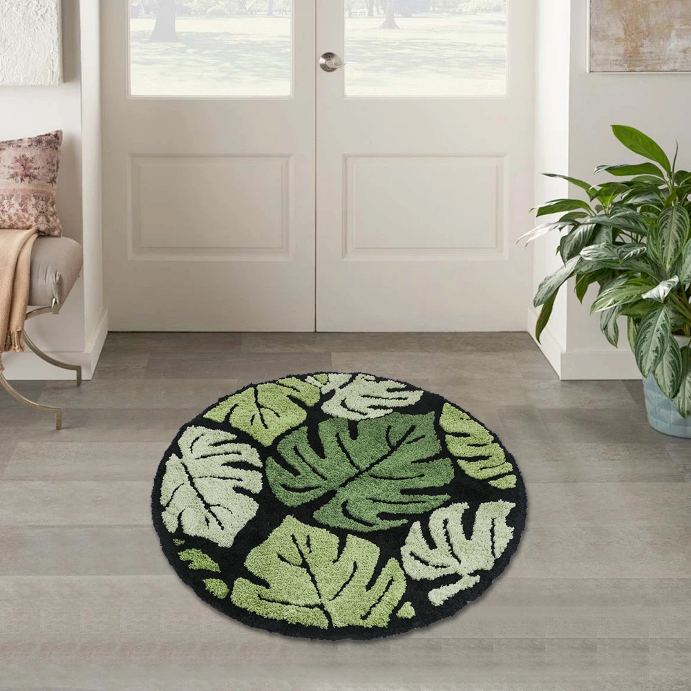 Round Green Monstera Tufted Rug Area Rug Tropical Leaf Plush Rug for Living Room Bathroom Home Fluffy Boho Plant Bath Mat