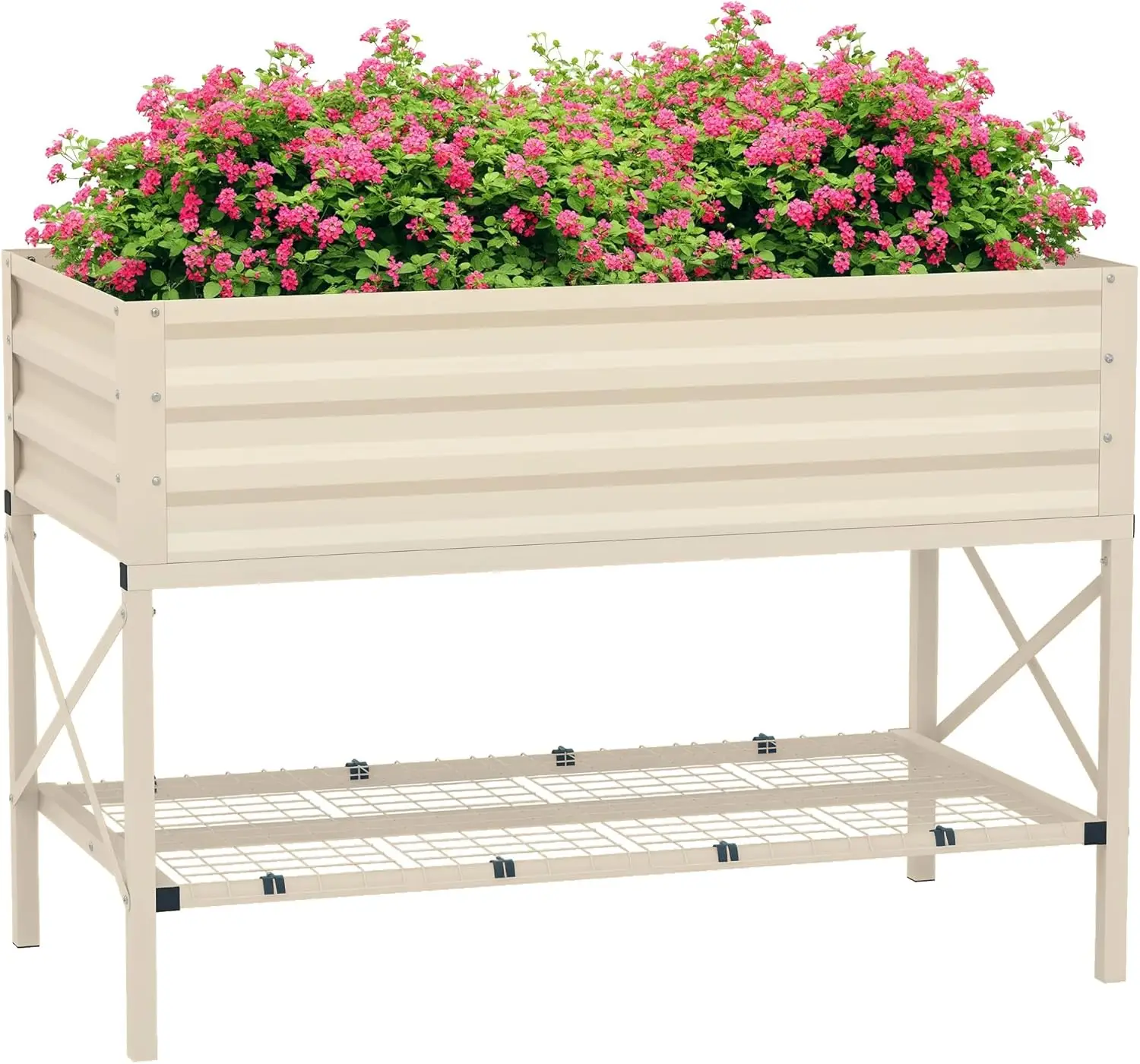 Raised Garden Bed with Galvanized Steel Frame, Storage Shelf and Bed Liner, Elevated Planter Box with Legs for Vegetables, Flowers, Herbs, Cream