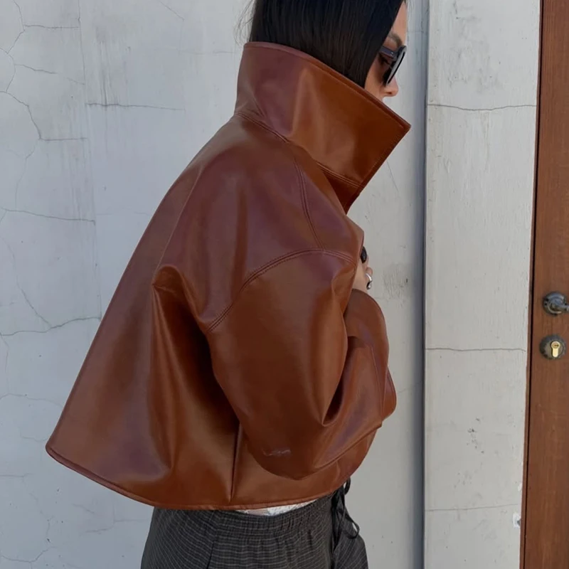 Rollkragen-Kurzjacke aus Kunstleder für Damen, Oversize-Streetwear mit Langen Ärmeln, Einfarbig, Locker Sitzende Mäntel, Schicke Damen-Oberbekleidung, Neue Kollektion – Detail 25