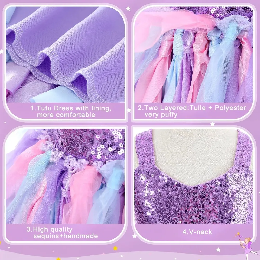 Girls Sparkly Sequin Tutu Dress Colorful Tulle Princess Dress Kids Birthday Graduation Party Performance Costume Baby Girls