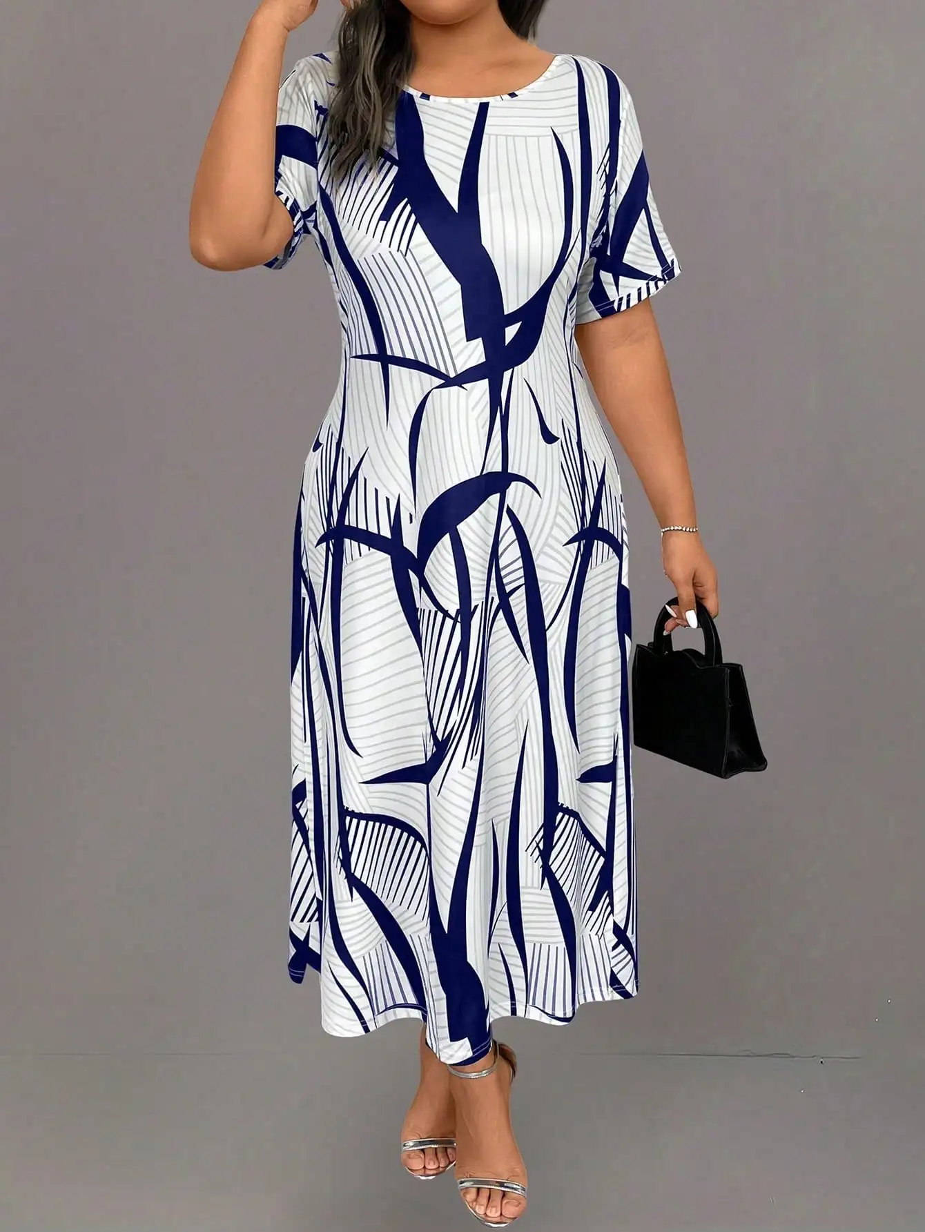Plus Size Women Striped Round Neck Short Sleeve Casual Long Dress Women Outfit, For Summer