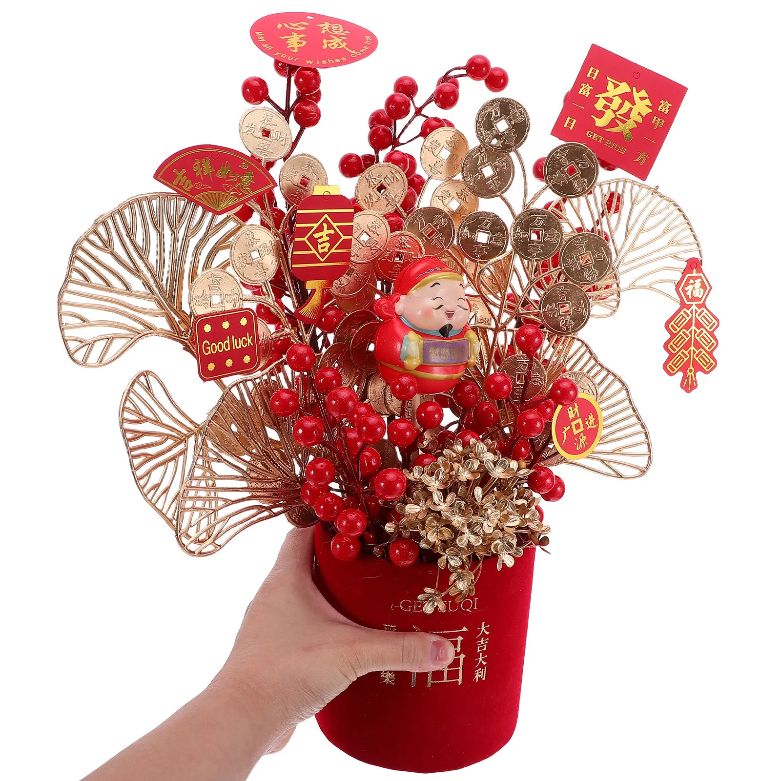 1Set Chinese New Year Decoration Spring Festive Desktop Bonsai Ornament Material Red Potted Plant Bucket DIY Kit for Table