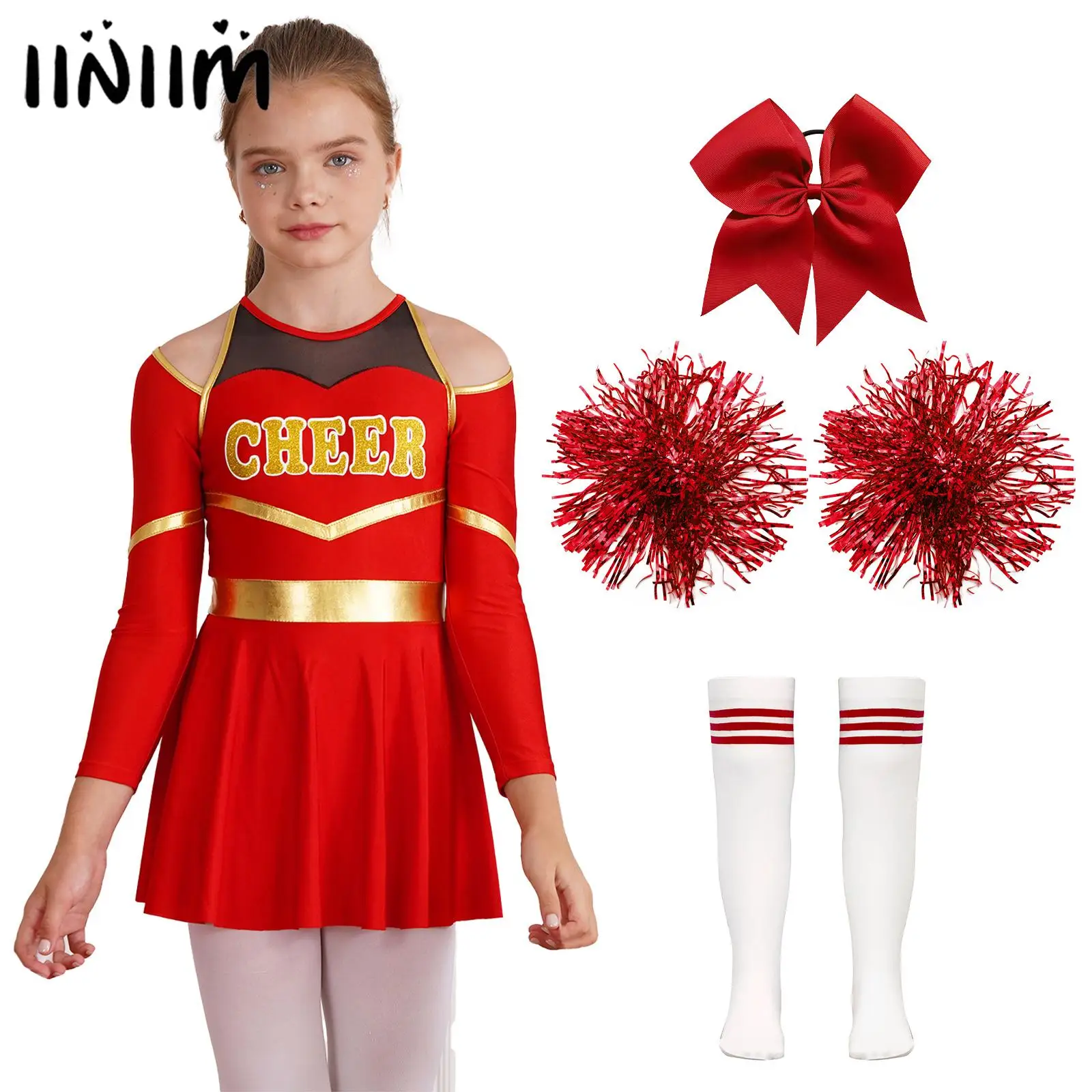 

Girls Cheerleader Cosplay Costume Cheerleading Uniform School Girls Cheering Outfits Long Sleeve Leotard Dress with Pompoms