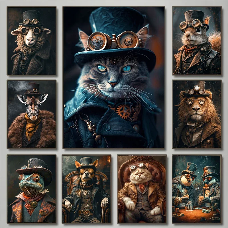 Cool Steampunk Animals Portrait Canvas Print Posters Pictures Retro Animal Wall Art Painting Mural for Living Room Home Decor