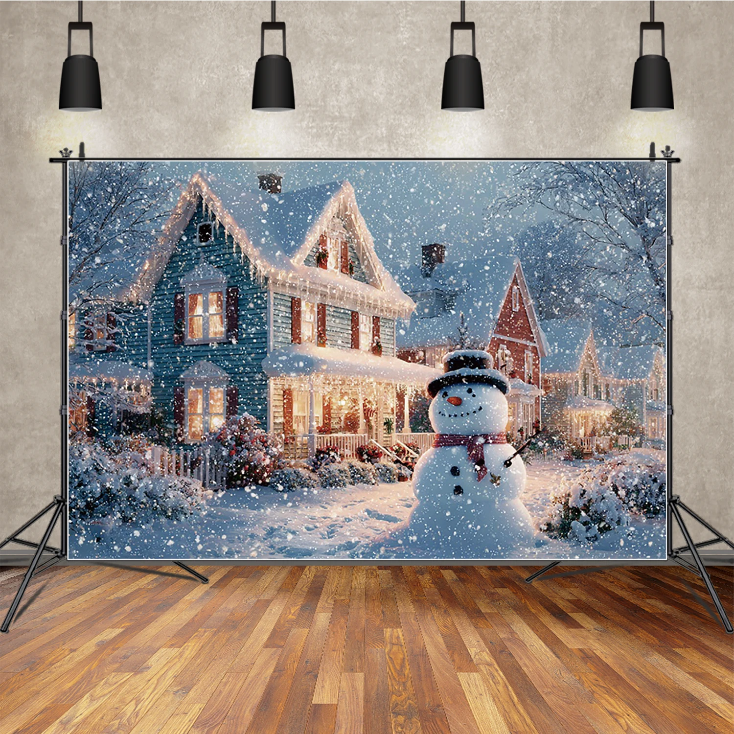 

MOON.QG Snow House Snowmen Photo Background Winter Trees Christmas Backdrop Decoration Portrait Photozone Newborns Photo Booth