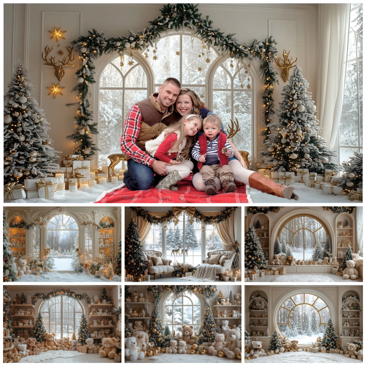 Interior Christmas Decorations Backdrop Arched Window Teddy Bear Shelves Christmas Tree Gifts Family Portrait Photo Background