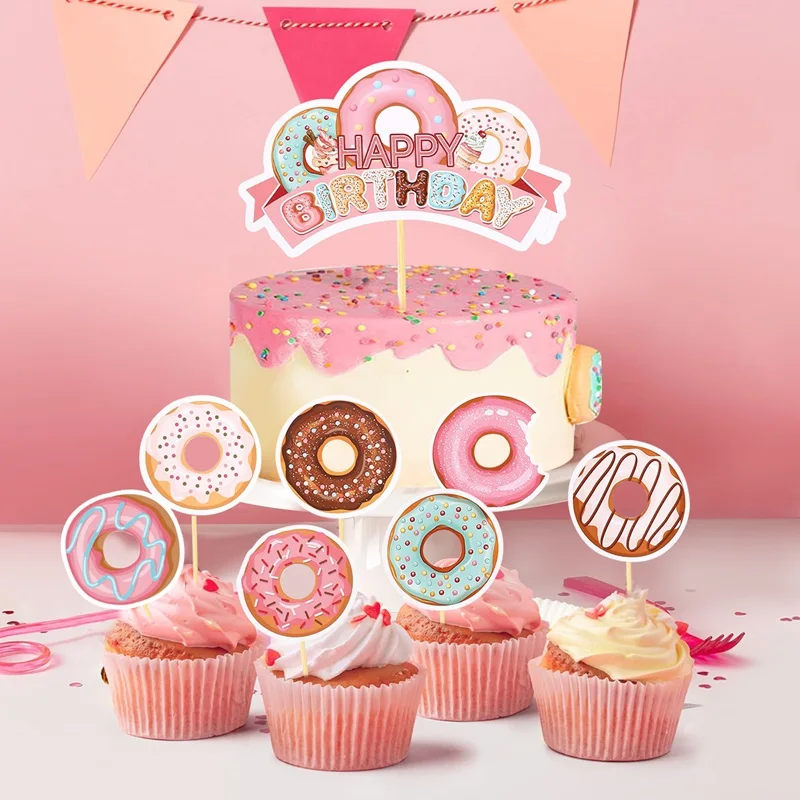 Donut Theme Birthday Cake Toppers Sweet Bar Donut Happy Birthday Cake Topper Cake Decor Baby Shower Weeding Party Supplies