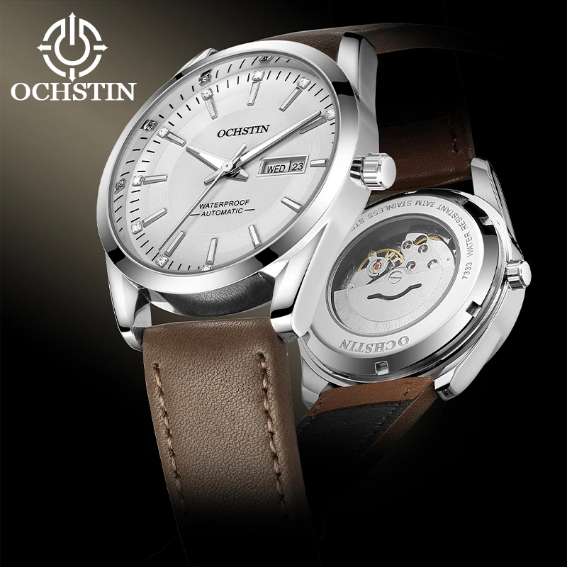 OCHSTIN Men's Automatic Watch Vintage Style Date Day Diamond Luminous Markers Leather Strap Male Business Mechanical Wristwatch