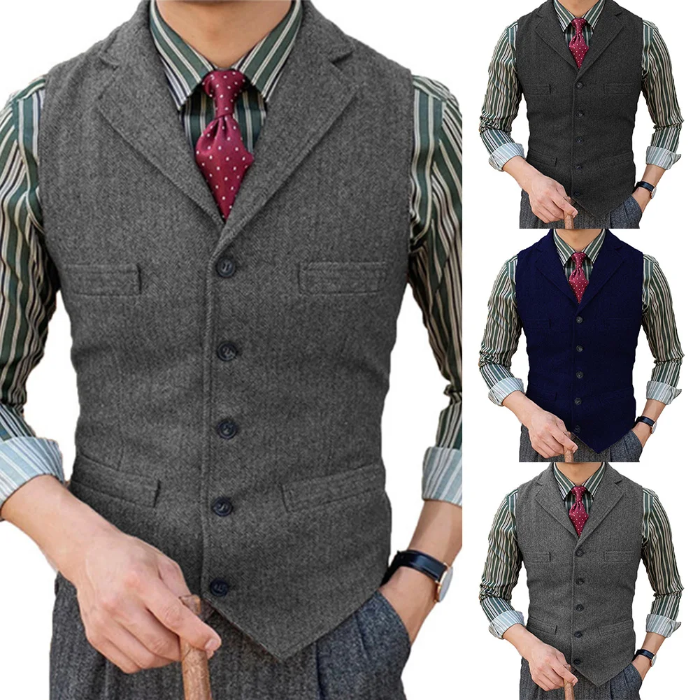 Casual Men's Classic Suit Vest Lapel V Neck Herringbone Tweed Slim Fit Business Waistcoat For Wedding Solid Color Vest