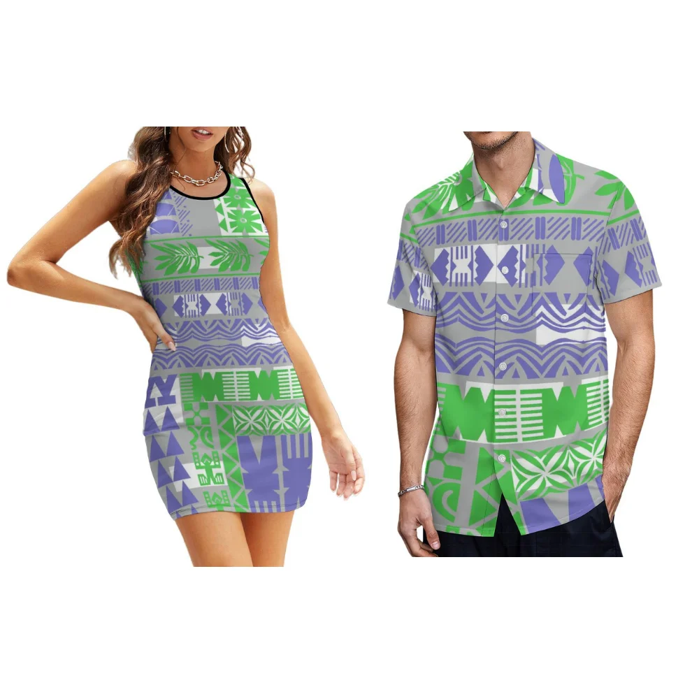 Polynesian Women's Sleeveless Sexy Sheath Dress Couple Set Summer Beach Women's Dress Hawaii Vacation Men's Shirt