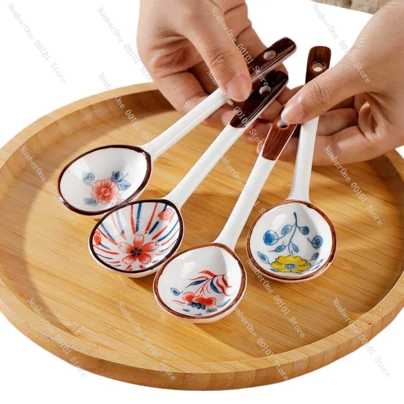 Ceramic Long Handle Spoon Underglaze Color Coffee Spoon High Aesthetic Dessert Spoon Household Tableware Kids Creative
