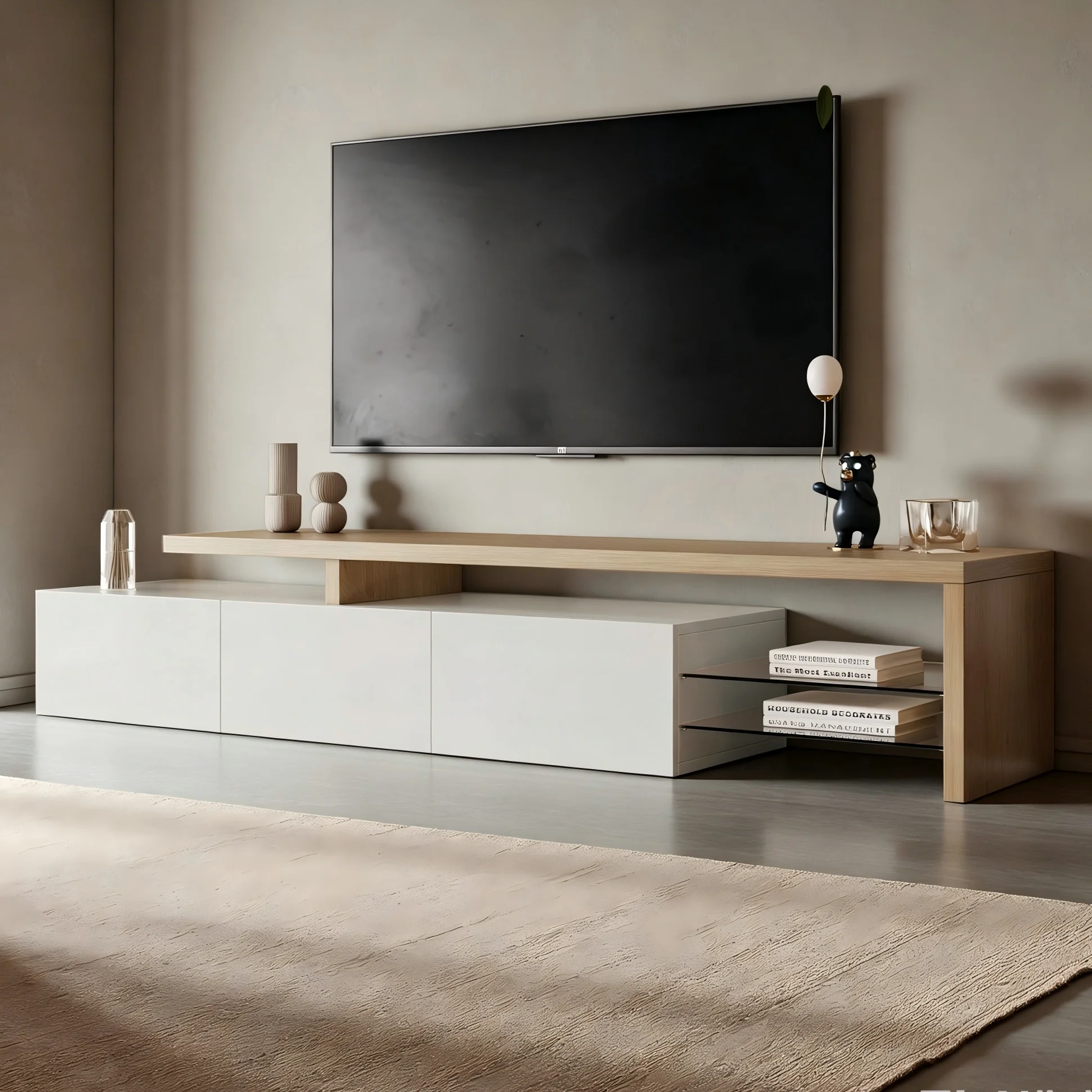 Meuble TV avec armoires de rangement fermées et étagères ouvertes en verre, dessus imitation bois et armoire blanche/noire mate, console multimédia moderne pour salon, 160/200 cm