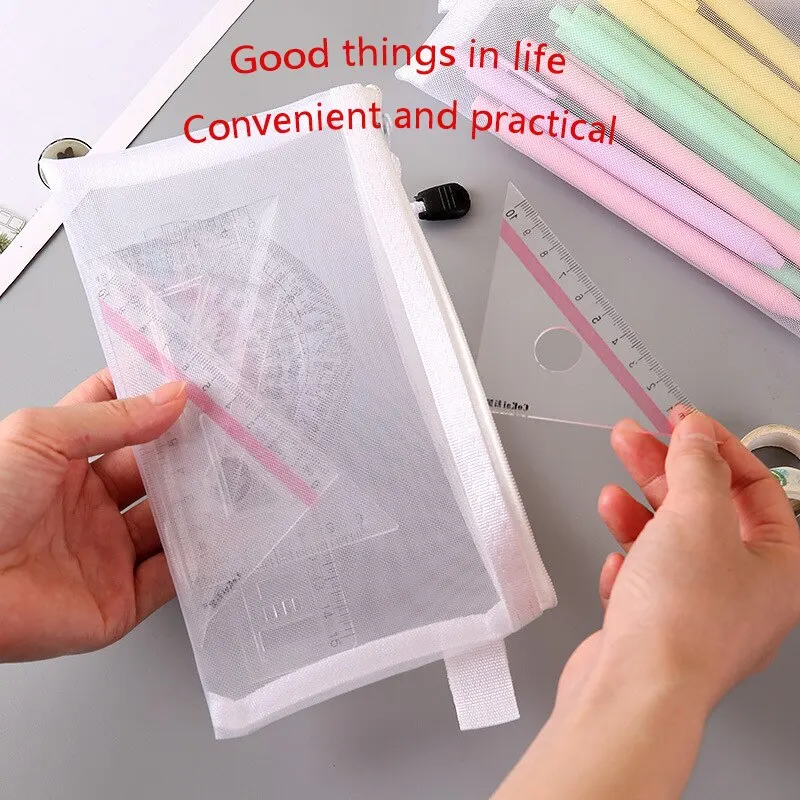 3pcs/Set Transparent Document Bag Mesh Zipper Information Bag Small Fresh Large Capacity Stationery Bag