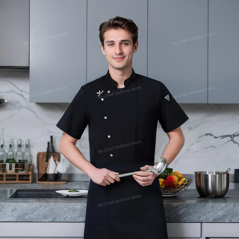 Giacca da cuoco estiva da uomo a maniche corte Uniforme da lavoro da cucina Ristorante traspirante Cappotto da cuoco grembiule bianco abiti da lavoro Pantaloncini da cuoco