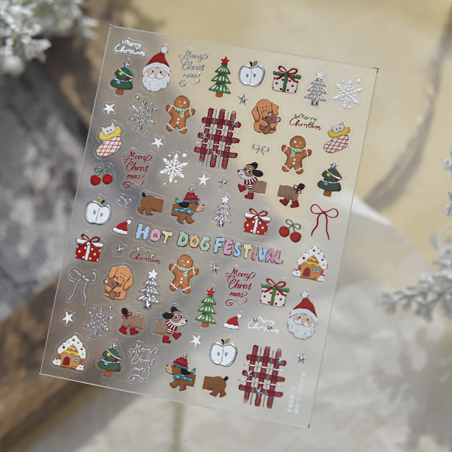Retro Christmas Party 5D Nail Stickers Gingerbread Man Dog Santa Claus Xmas Tree Gift Box House Snowflake Merry Christmas Decor