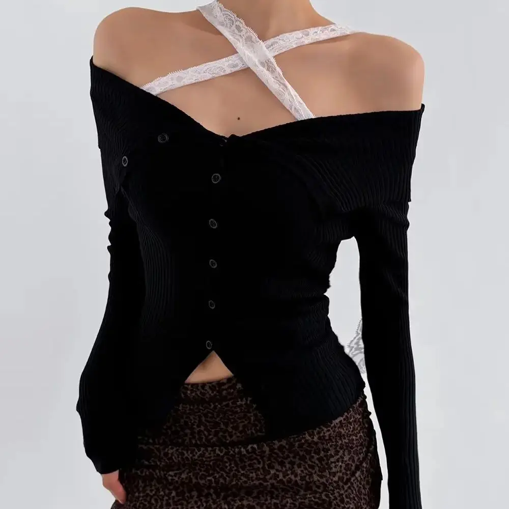 CHIC Off Shoulder Crop Pointelle Rib Knitted Cardigan Single-breasted Buttons Spliced Lace Halter Sweater Woman Jumper Knitwear