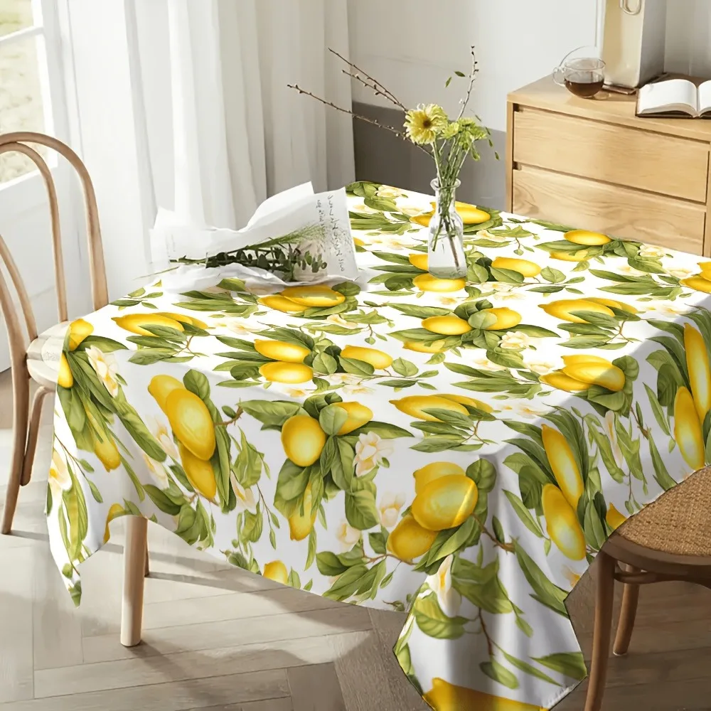 1pc Lemon Branch And Leaves Tablecloth, Yellow Lemons And Green Leaves Intertwined, Adorned with White Flowers, Fresh And Natural, Suitable for Home Decor, Enhancing Table Aesthetics. Tablecloth Is Washable