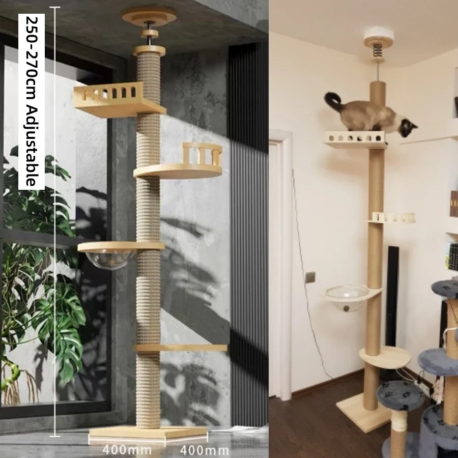 Floor To Ceiling Cat Tree Adjustable Cat Tower Multi-Level With Scratching Post Hammock Pet Cat Activity Center