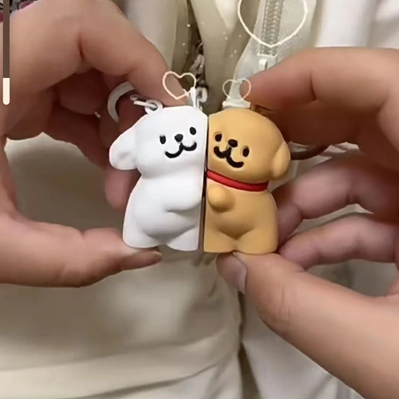 Cute Cartoon Puppy Sucção Magnética Keychain, Creative Bag Pendant, Kawaii Casal Chaveiro Presentes, Acessórios de Decoração, 1 Par