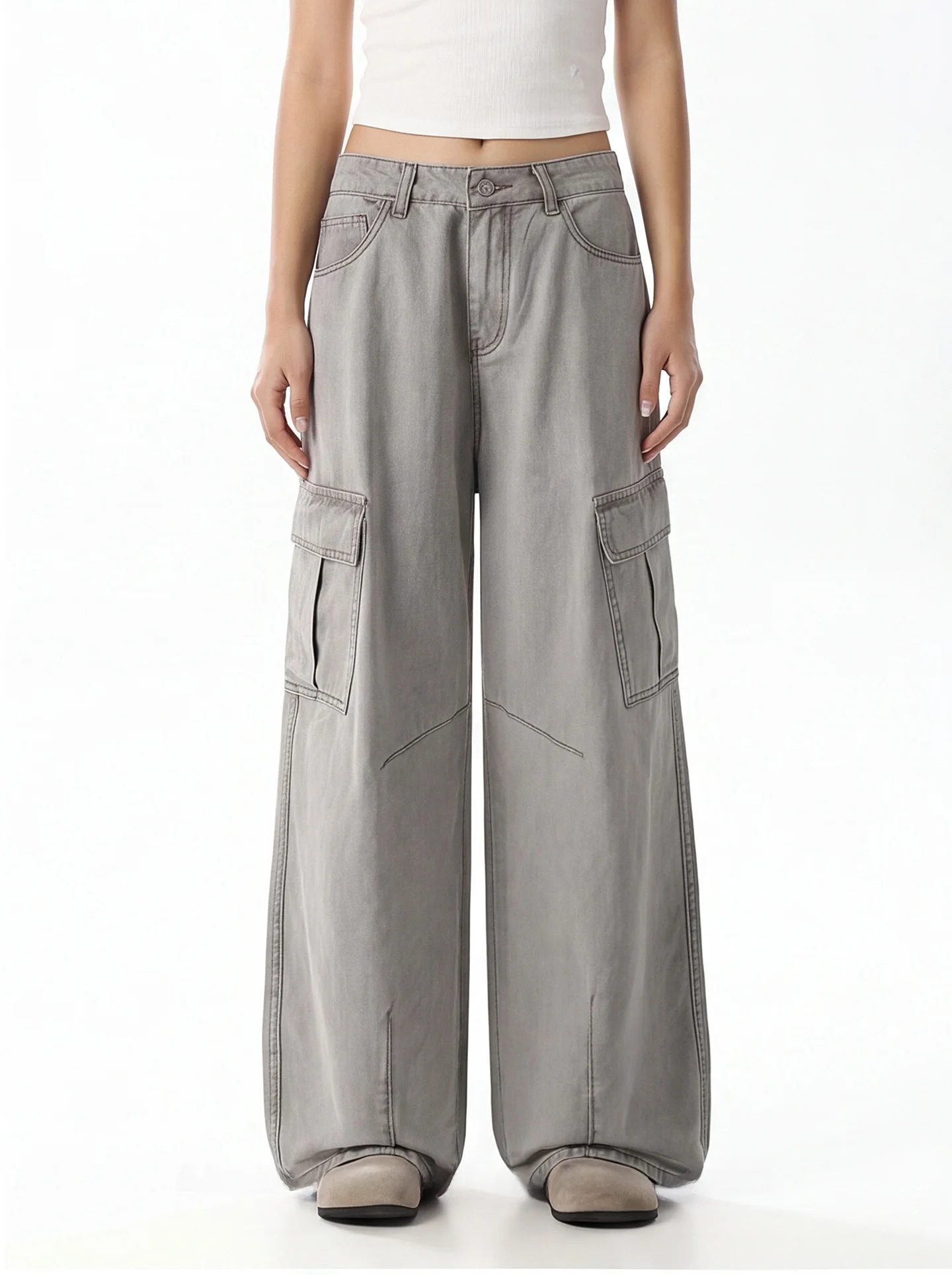 Retro American Work Pants Grey Wide Leg Casual Summer Multi Pocket Knife  Trousers Trendy Brand Women's Long Pants