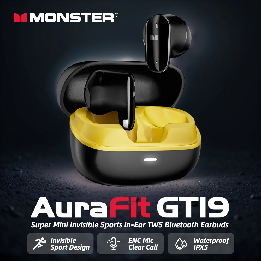 

Monster AuraFit GT19 Mini Invisible Bluetooth Earphone In-Ear TWS Bluetooth Earbuds IPX5 Waterproof Wireless Sports Headphone
