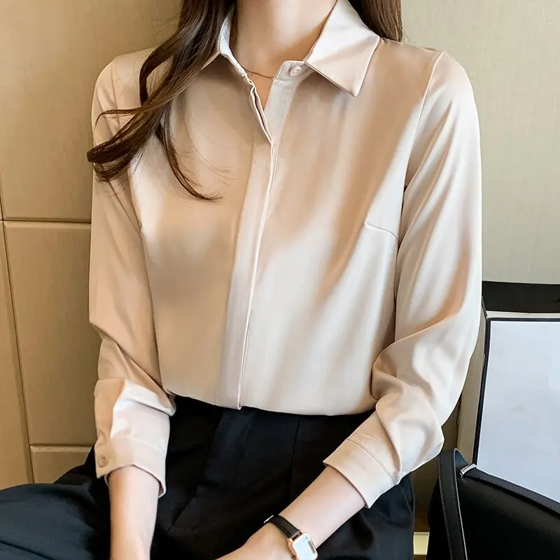 

Elegant Satin Long Sleeve Shirt Women's Commute Professional Pure Color Top Versatile Basic Style Spring Autumn New Arrival