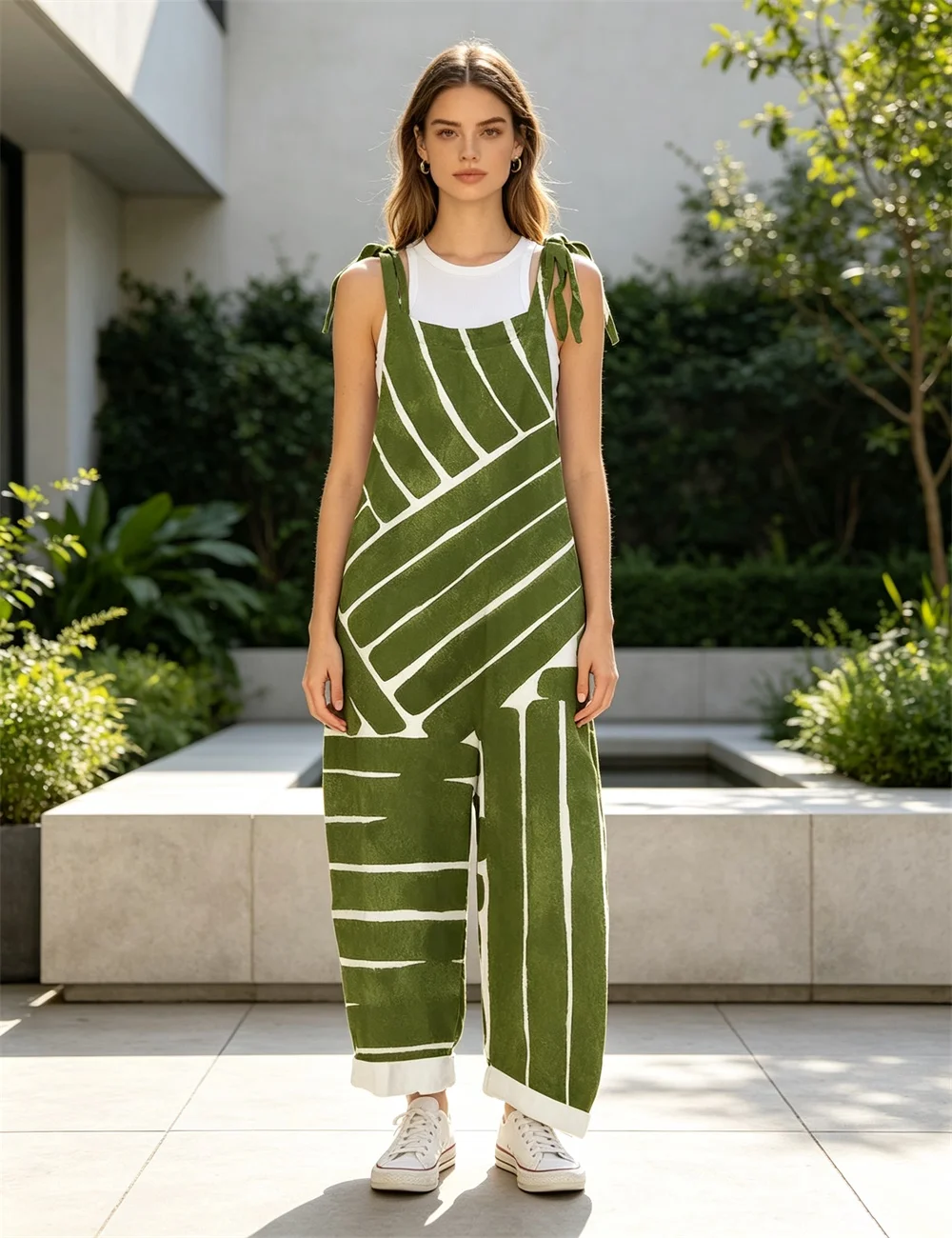 Women's new forest green irregular diagonal stripe print women's comfortable jumpsuit, off shoulder sleeveless loose jumpsuit