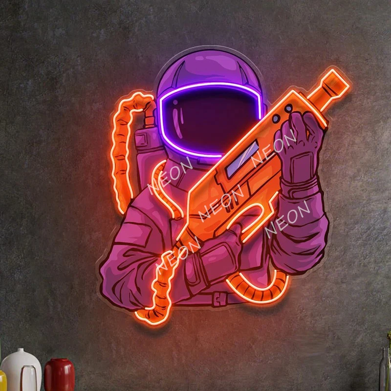 Astronot kepala pistol penglihatan LED lampu tanda Neon seni Pop untuk ruang game kamar tidur dekorasi dinding lampu Neon buatan tangan tanda Neon kustom