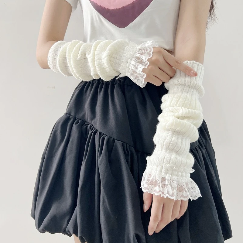 ฤดูใบไม้ร่วงฤดูหนาว Y2K หวานถักแขนอุ่นแขนยาว Fingerless ถุงมือลูกไม้ Harajuku สาว Punk Gothic อุปกรณ์เสริม Mittens