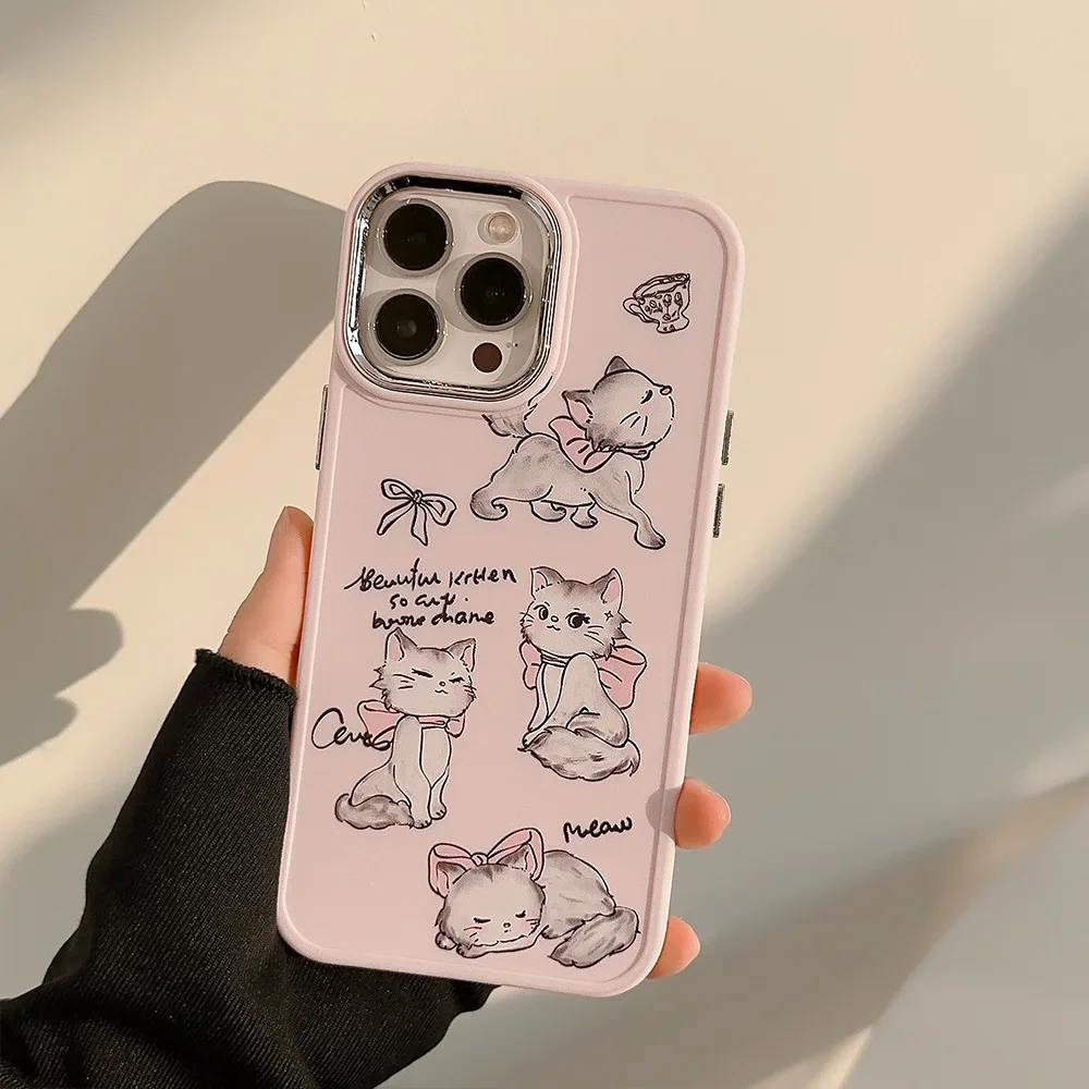 Electroplated Lens Frame Cartoon Cute Princess Cat Phone Case for IPhone16 15 14 12 13 11 Pro ProMax Plus Shockproof Phone Cover