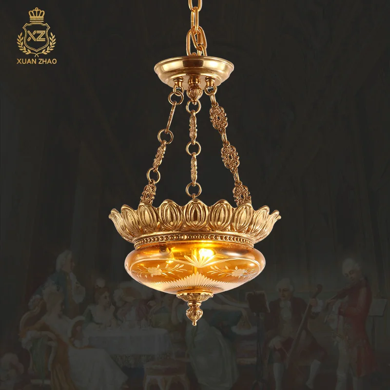 XUANZHAO French Style Vintage Full Copper Chandelier Creative Round Corridor Entry Foyer Light Buddhist Hall Churches Lamp