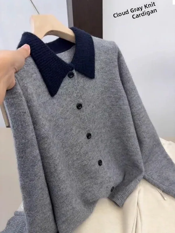 Loose Korean Style Knitted Cardigan Women plus Size Lazy Style Sweater Jacket Color Block Flip Collar Long Sleeve Autumn New
