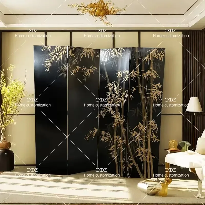 Hand Painted Black Background Golden Bamboo Lacquer Folding Screen Room Divider for Living Room Bedroom Sofa Backdrop