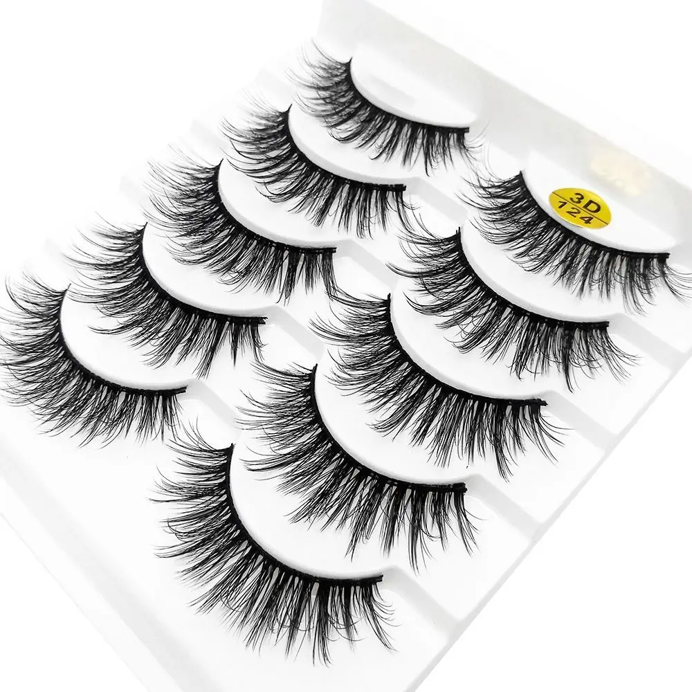 Skonhed 5 Paar Handgemaakte Natuurlijke Pluizige Valse Wimpers 3d Faux Nerts Haar Kriskras Eye Lash Extension