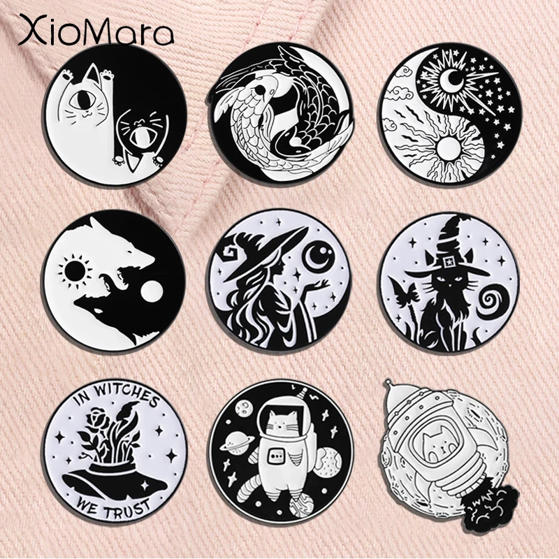 Black White Tai Chi Cat Hugging Enamel Pins Yin Yang Koi Fishs Sun Moon Brooches Lapel Badge Fashion Jewelry Gifts for Friends