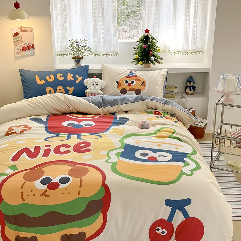 

Customizable 2025 spring and summer washed cotton Mengmeng cartoon large print 1.5/1 four-piece bed set