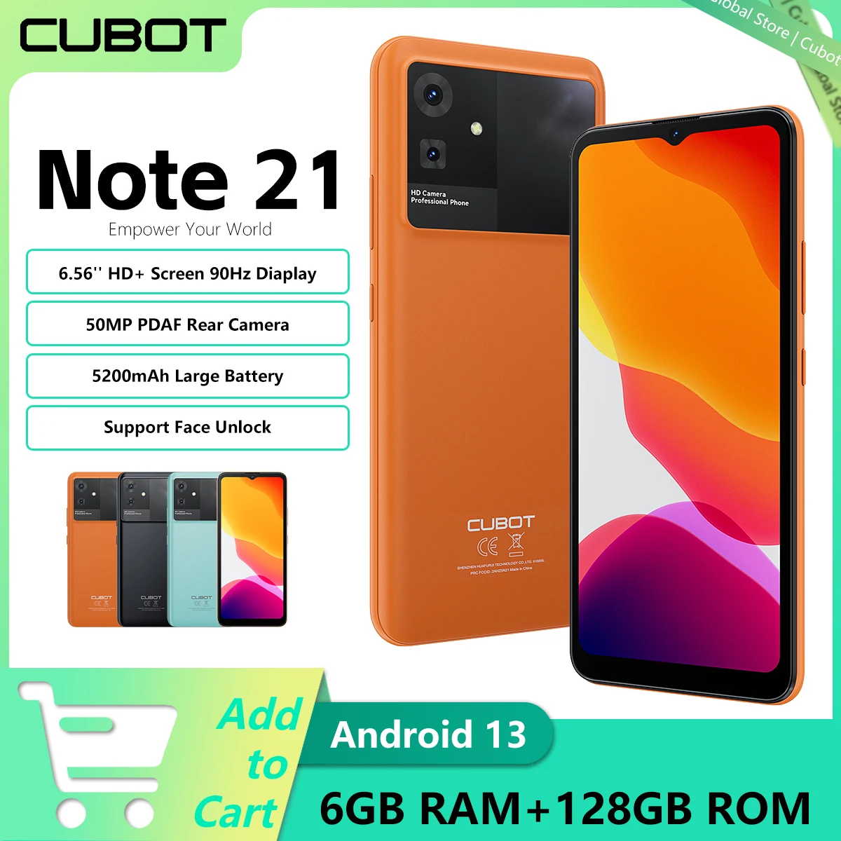 New Smartphone Cubot Note 21 Android 13  12GB RAM+128GB ROM 6.56 Inch 90Hz Screen 5200mAh 50MP Rear Camera Octa-Core Face ID