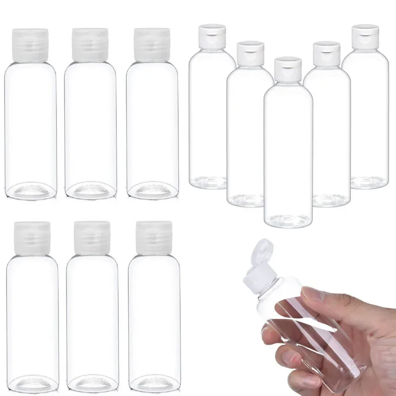 Mini garrafas vazias de plástico pet, 50 peças 5-100ml com tampas brancas transparentes para viagem, shampoo, condicionador, loção, recipiente